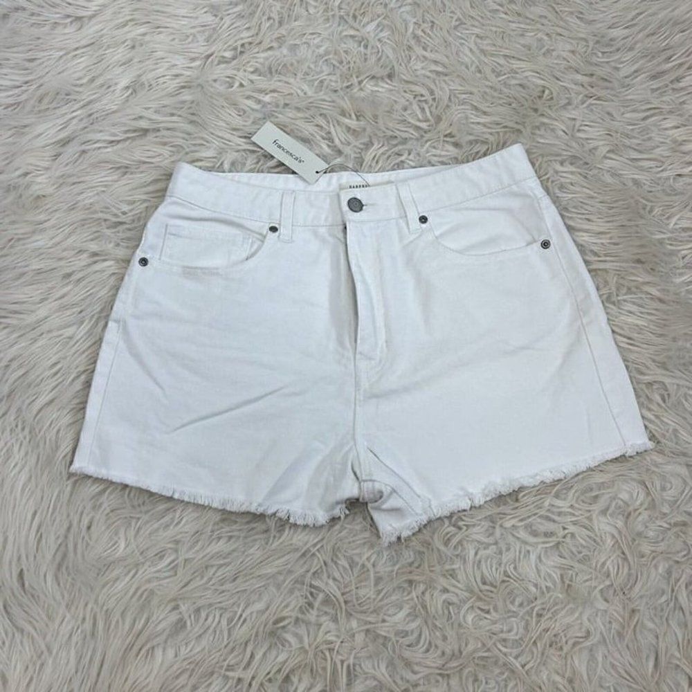 Harper Heritage Francescas Hi Rise Frayed White Denim Cut Off Jean Shorts 30 NWT
